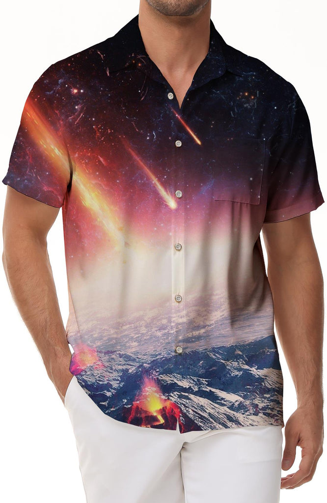 New meteor shower 3D printed single button shirt creative planet element fashionable fun short sleeve shirt cool