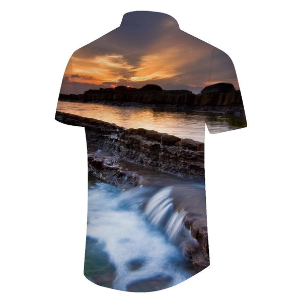 
Sunset seaside landscape pattern stylish Hawaiian casual button-down lapel shirt button short sleeve top
                