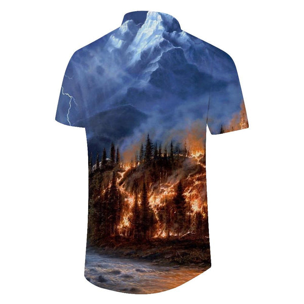 
Hawaiian button pocket lapel fire mountain men's casual daily travel short-sleeved shirt beach shirt beach clothing
                