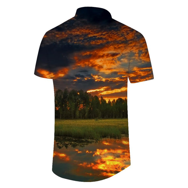 
Landscape sunset print summer beach casual short sleeve button down shirt mens Hawaiian shirt button down lapel
                