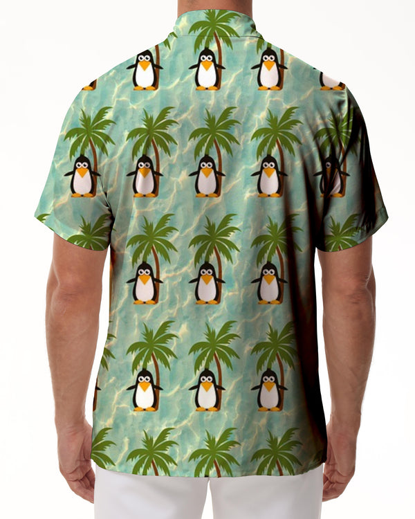 
Fun Summer Beach Penguin Pattern Blue Men's Casual Print Short Sleeve Button Coconut Tree Shirt Short Sleeve
                