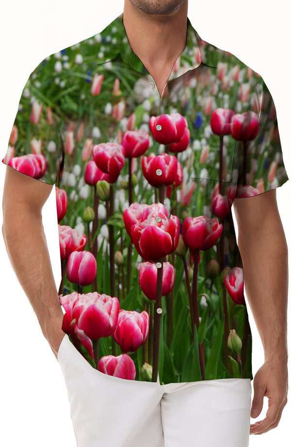 Pink and Tulip Print Men's Breathable Comfortable Casual Shirt Lapel Loose Short Sleeves Floral Summer Tops Fashion Shirt Tulip