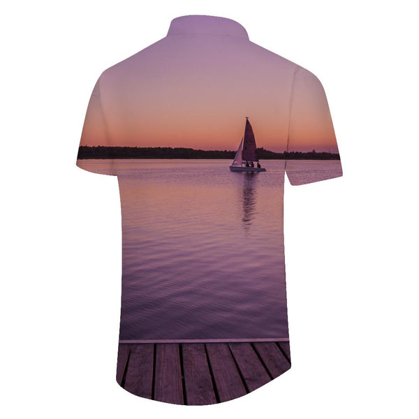 
Beautiful sunset seaside boat Hawaiian shirt button shirt summer short-sleeved top men's shirt beach clothing
                