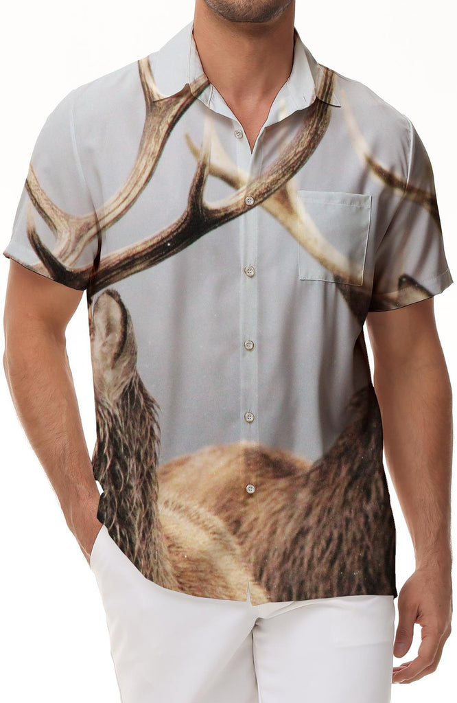 Smart Deer Beach Seaside Tops Men's Short Sleeve Hawaiian Print Shirt Summer Beach Button Shirt Short Sleeve