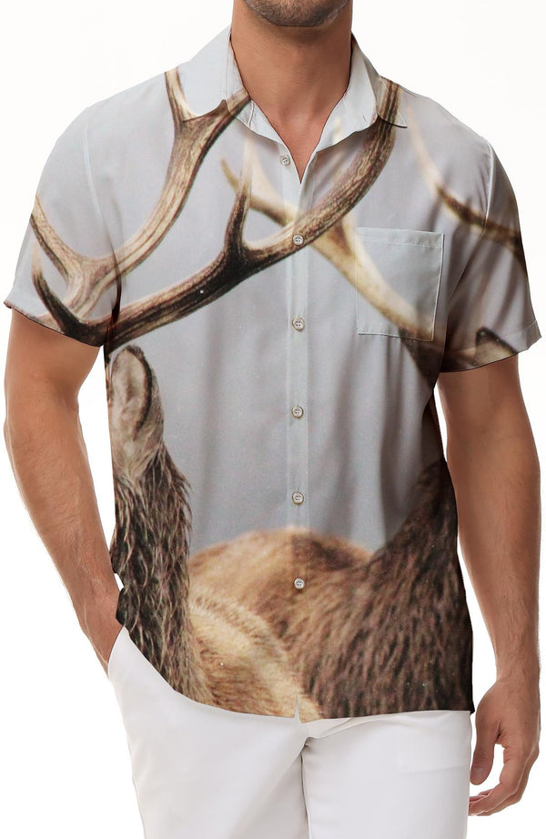 Smart Deer Beach Seaside Tops Men's Short Sleeve Hawaiian Print Shirt Summer Beach Button Shirt Short Sleeve