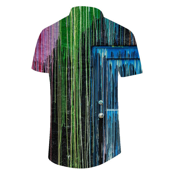 
Wall rainbow watercolor casual loose men's short-sleeved shirt Hawaiian button-down loose lapel top seaside summer trend
                