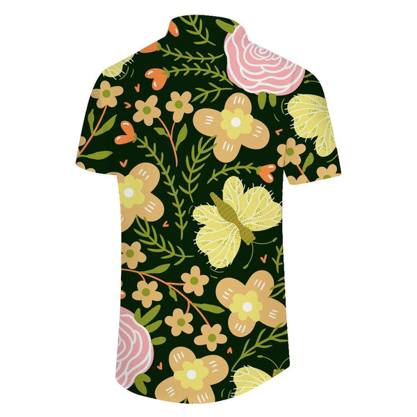
Flower orange butterfly print pattern Hawaiian button lapel casual fashion men's vacation beach shirt
                