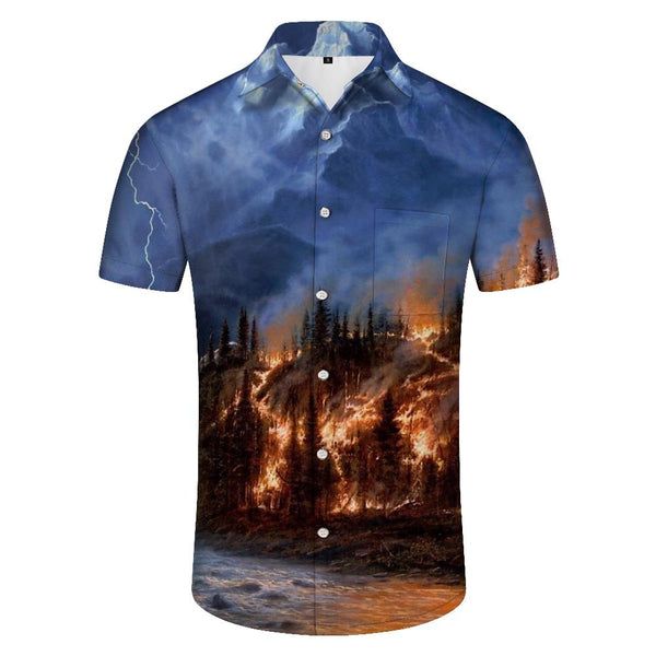 
Hawaiian button pocket lapel fire mountain men's casual daily travel short-sleeved shirt beach shirt beach clothing
                