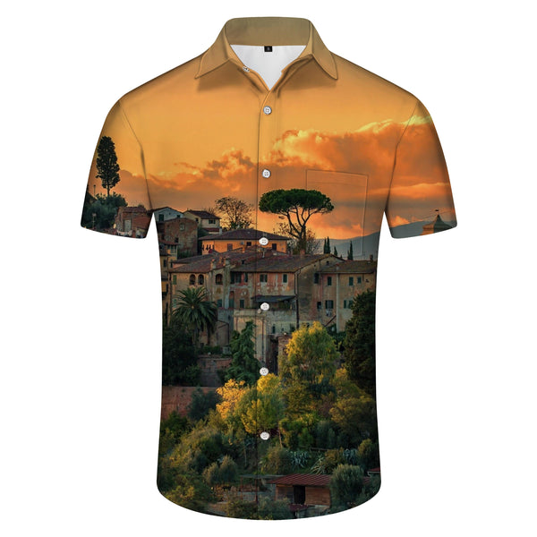 
Vintage Architecture 3D Printed Pattern Men's Short Sleeve Shirt Loose Polyester Lapel Top Casual Button Beachwear Pocket
                