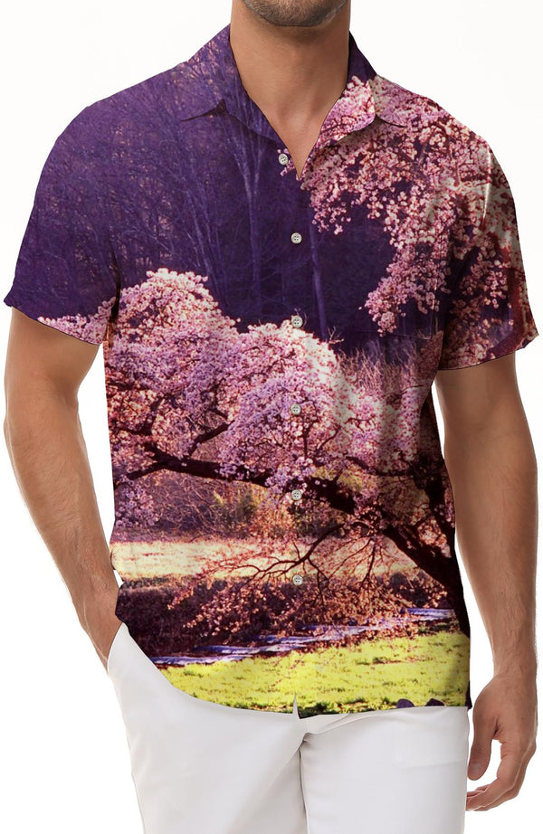 Summer Fashion Cherry Blossom Print Short Sleeve Shirt Men Casual Streetwear Tops Button Lapel Pockets Stylish