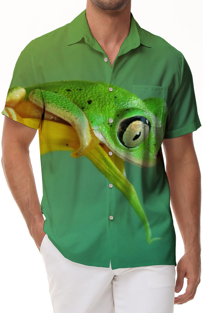Cute Green Frog Print Men's Shirt Casual Short Sleeve Button Shirt Summer Beach Top Short Sleeve