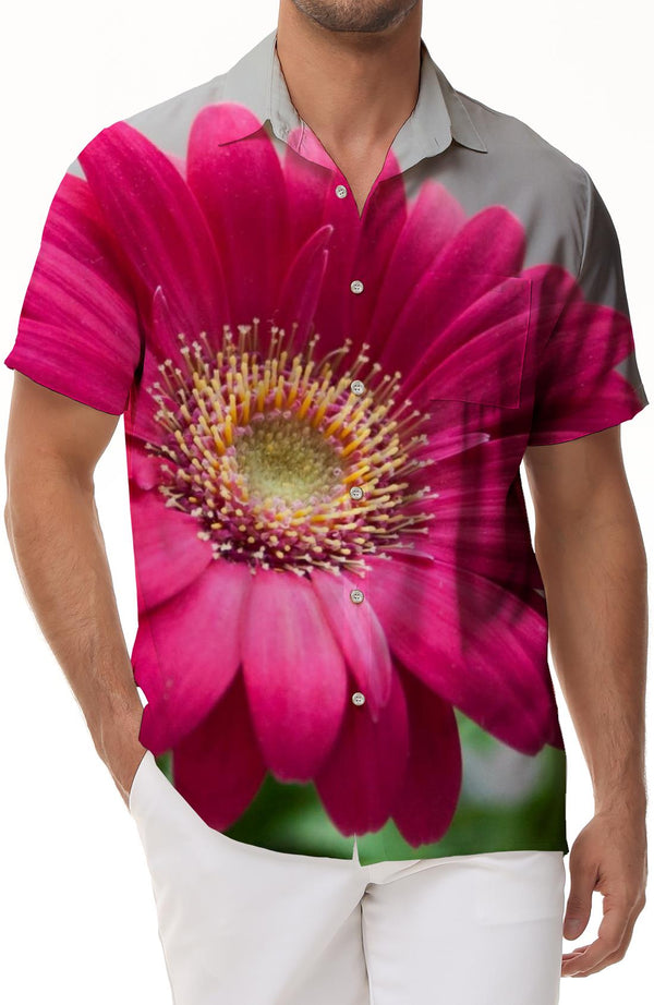 Pink Flower Men's Casual Button-Down Hawaiian Shirts Funky Tropical Summer Outfits Retro Beach Wear for Men