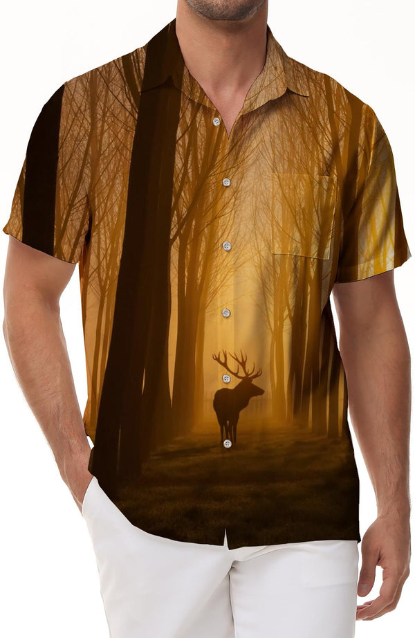 Linsen Deer Print Shirt Animal Casual Summer Men's Shirt 3D Loose Shirt Short Sleeve Clothes