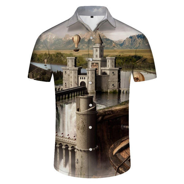 
European retro castle men's casual loose short-sleeved tropical Hawaiian pocket lapel button four seasons summer daily street walk
                