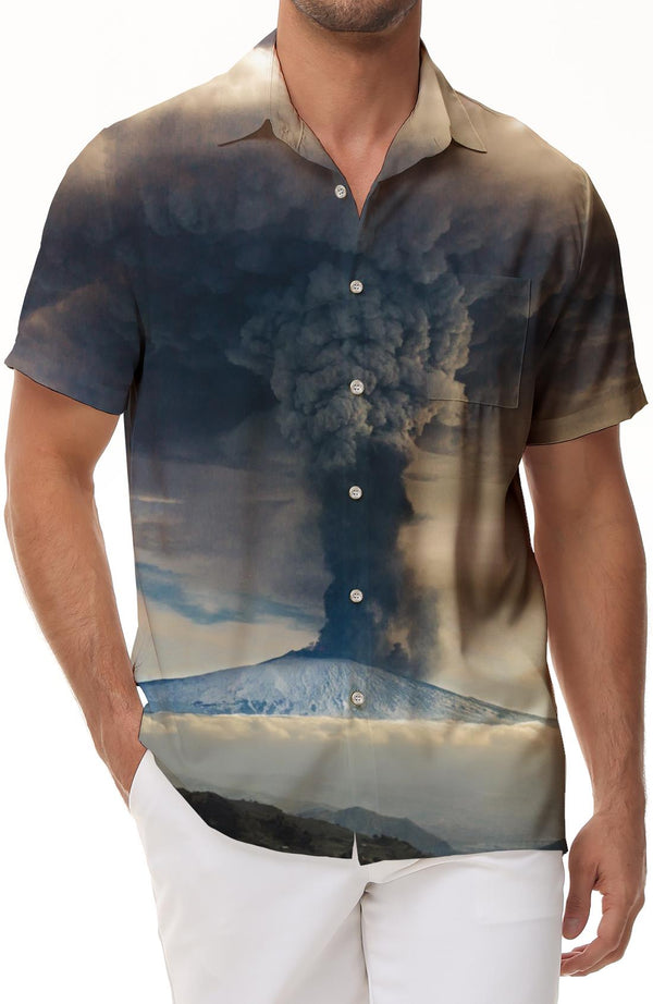 Natural disaster Japan Mount Fuji volcano eruption mens casual button down shirt summer casual short sleeve tops for office beach travel