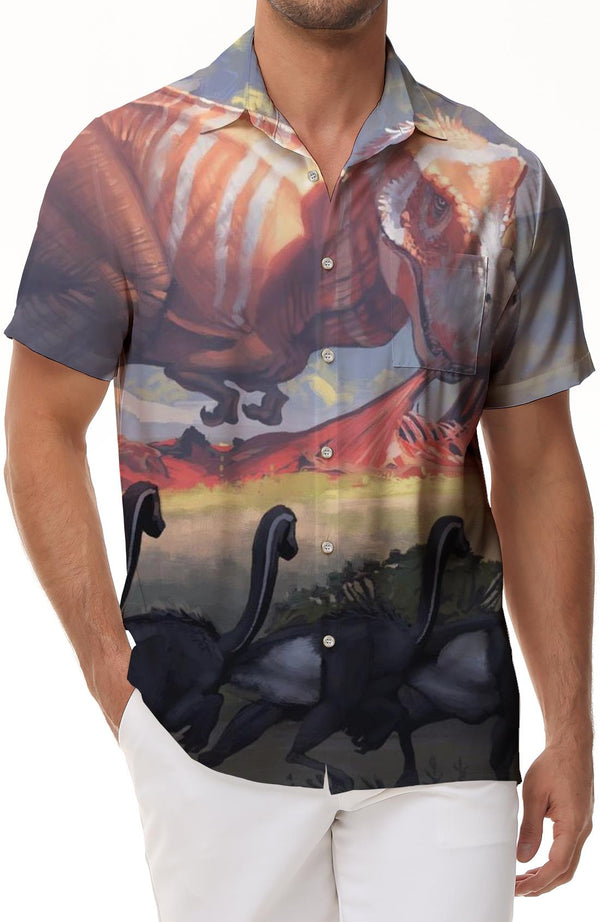 Natural Survival Carnivore Dinosaur Era Men's 3D Digital Printing Casual Regular Loose Tropical Four Seasons Hawaiian Button Lapel Short Sleeve Shirt Pocket