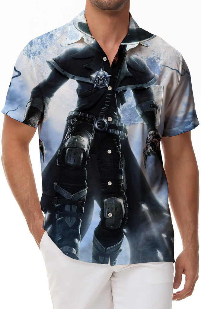 Moonlight Hell Devil Print Short Sleeve Shirt Men Fashion Polyester Casual Loose Short Sleeve Shirt Lapel Short Fashion Four Seasons Fashion Retro Short Sleeve Shirt Men