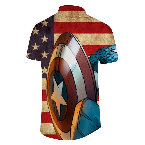 
Captain America shield men's retro simple fashion short-sleeved shirt Hawaiian button seaside vacation short-sleeved shirt beach
                