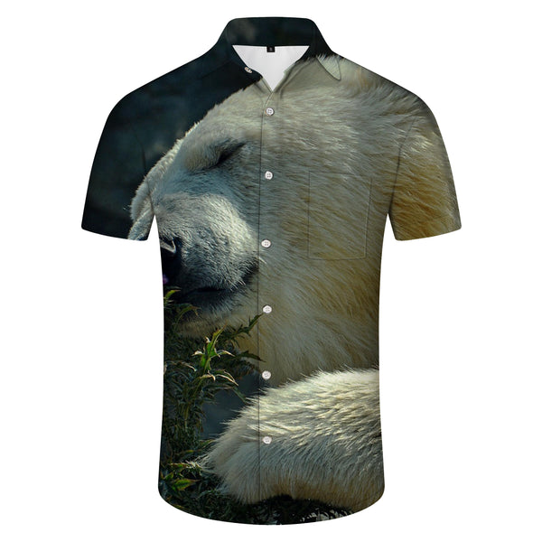 
Summer street print pattern bear animal bear white 3D print pattern men's shirt casual fashion short sleeve
                