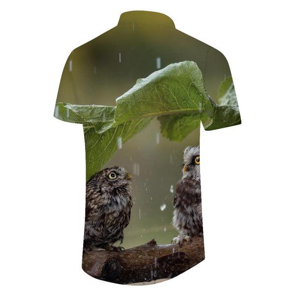 
Two Owls Hiding from Rain on Tree Branches Fun Fashion Men's Casual Printed Summer Hawaiian Lapel Button Shirt Short Sleeve Style
                