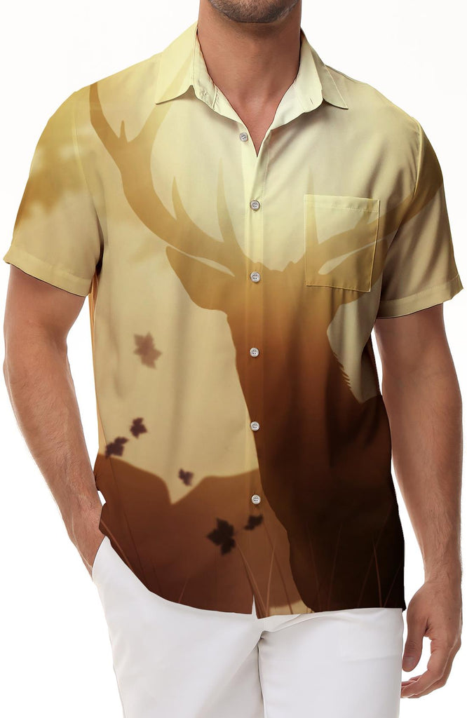 Deer Elk Hunting Mens Casual Button Down Short Sleeve Hawaiian Shirt Beach Top
