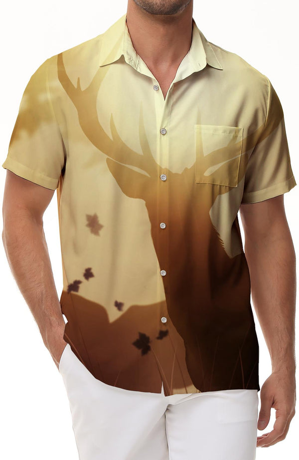 Deer Elk Hunting Mens Casual Button Down Short Sleeve Hawaiian Shirt Beach Top