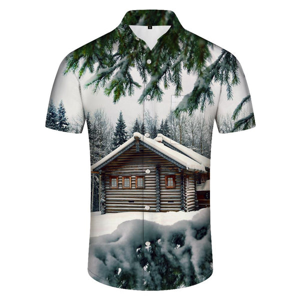 
Winter warm little house 3d digital printing pattern men's casual loose vacation short-sleeved men's seaside beach party tops
                