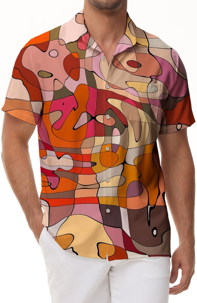 Abstract Art Print Men's Casual Loose Hawaiian Button Lapel Vacation Short Sleeve Shirt