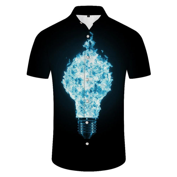 
New black blue light bulb print men's daily street loose casual short-sleeved shirt comfortable and breathable
                