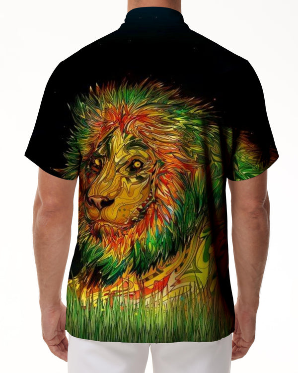 
Neon color art tropical rainforest animal lion hip hop casual men's short sleeve loose Hawaiian lapel pocket four seasons shirt
                