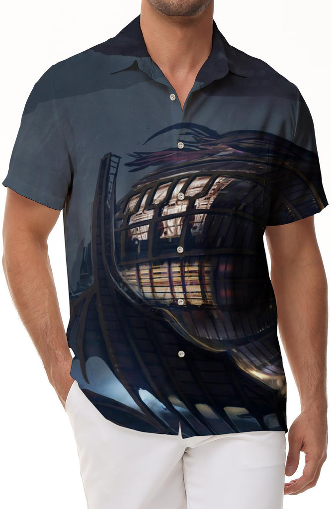 Nordic Abstract Viking Ship Print Men's Shirt Casual Short Sleeve Button-Up Beach Tropical Shirt Fashion Summer
