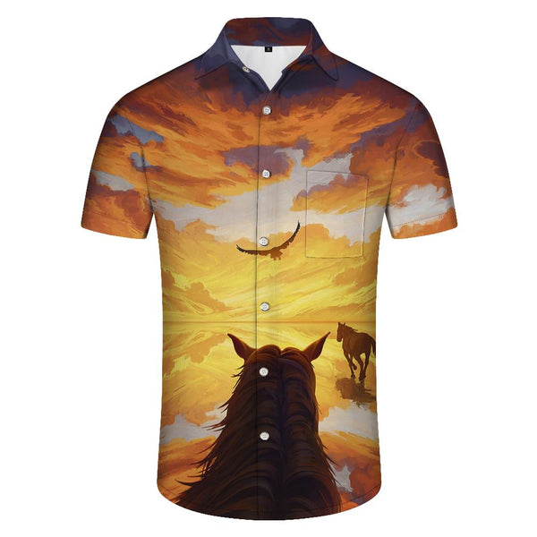 
Colorful Brown Horse and Eagle Hawaiian Shirt Myth Horse Casual Summer Beach Men's Button Down Shirt Short Sleeve
                
