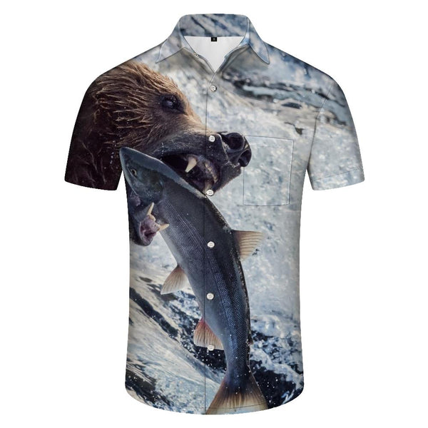 
Retro funny bear fishing seaside art print men's casual polyester shirt Hawaii beach vacation daily
                