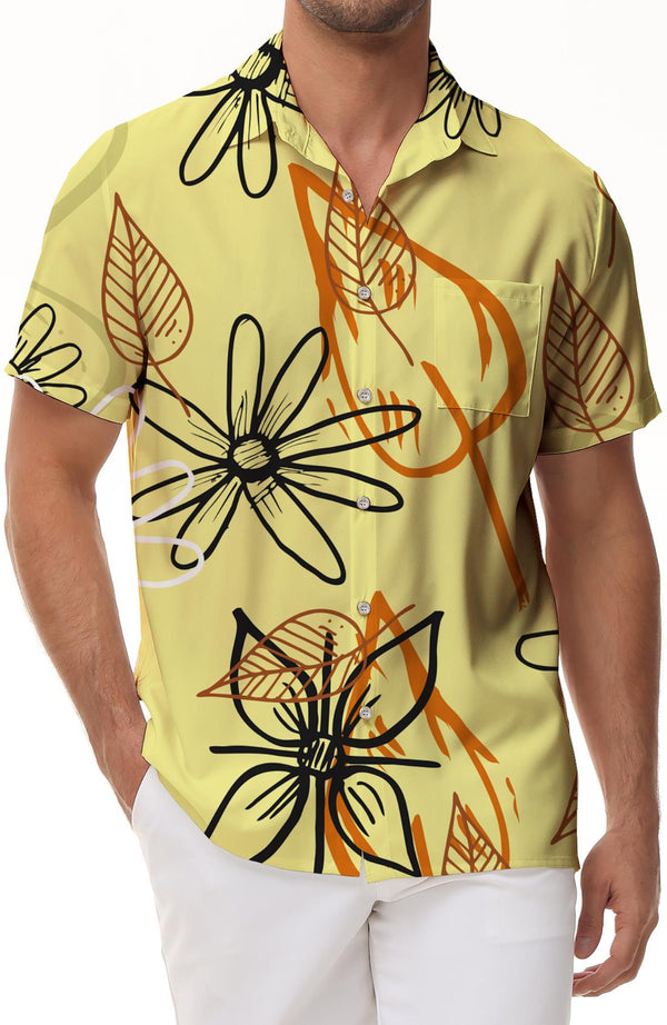 Yellow fashion fun cool Hawaiian button lapel men's casual loose daily street simple versatile seaside beach tops