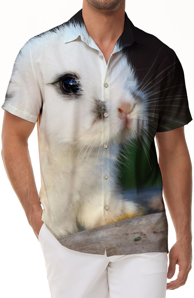 Cute Rabbit Men's Cuban Shirt Short Sleeve Button Hawaiian Shirt Summer Casual Beach Shirt White