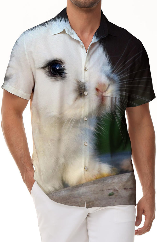 Cute Rabbit Men's Cuban Shirt Short Sleeve Button Hawaiian Shirt Summer Casual Beach Shirt White