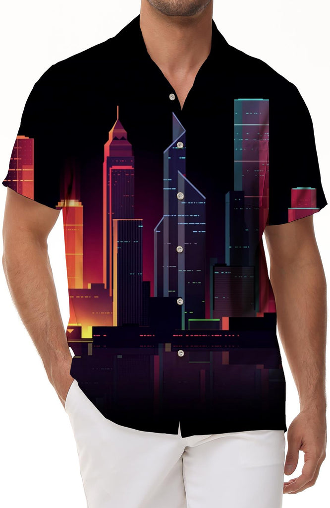 Empire State Building Print Men's Pocket Hawaiian Shirt Casual Short Sleeve Button Beach Shirt
