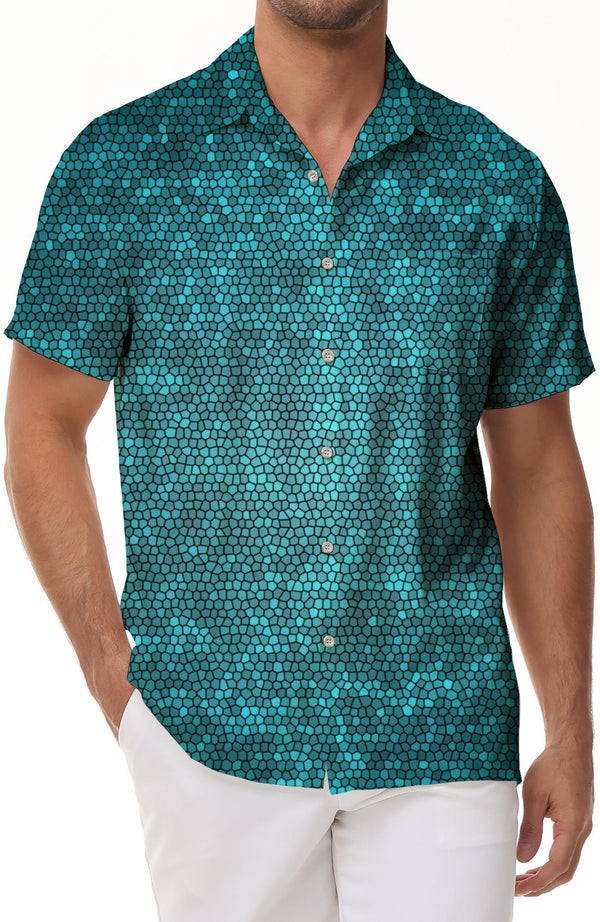 Tops Fashion Retro Style Blue Bright Leather Men's Short Sleeve Formal Shirt Casual Button-down Shirt Rich Prints