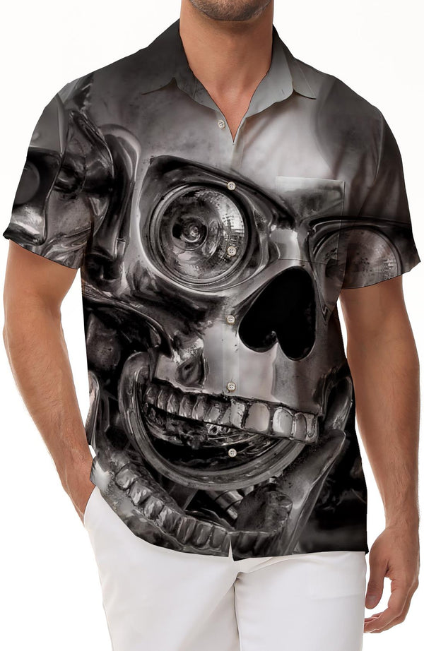 Cool Fashion Death Skull Men's Casual Silver Short Sleeve Shirt Tropical Hawaiian Button-Down Lapel Pocket Polyester Shirt Short Sleeve