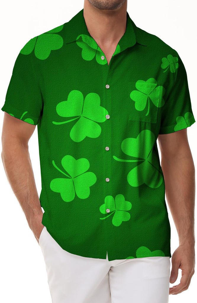 Shamrock Green Lucky Four Leaf Clover St. Patrick's Day Party Hawaiian Button Lapel Short Sleeve Shirt 3D Digital Printing Pattern Men's