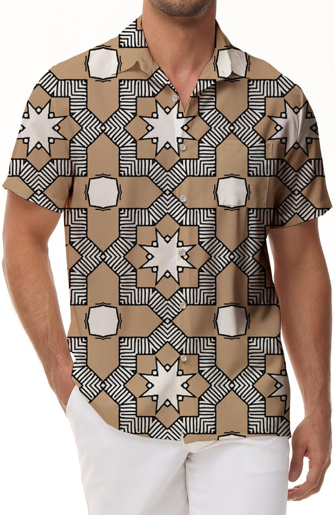 Geometric pattern light brown fashion four seasons Hawaiian button lapel men's casual daily travel vacation shirt short sleeve