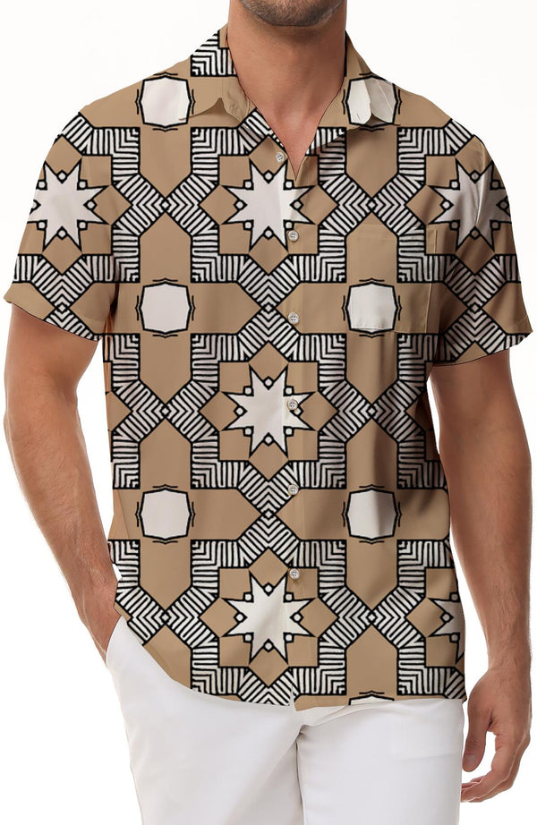 Geometric pattern light brown fashion four seasons Hawaiian button lapel men's casual daily travel vacation shirt short sleeve