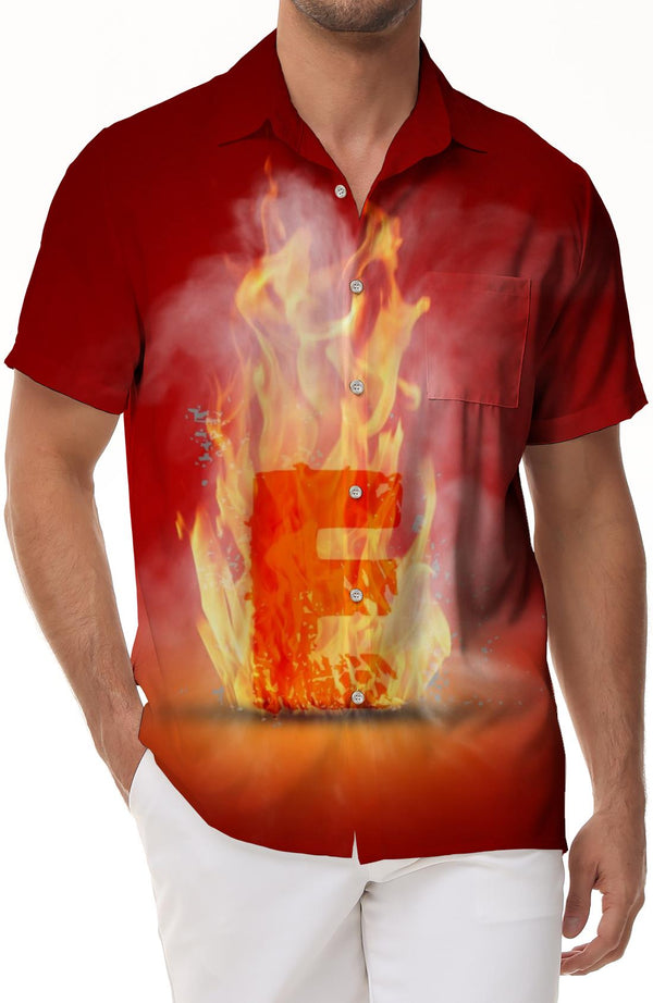 High temperature burning E flame English letters daily street short-sleeved shirt men's loose short-sleeved casual button-down lapel pocket Hawaiian button short-sleeved shirt top