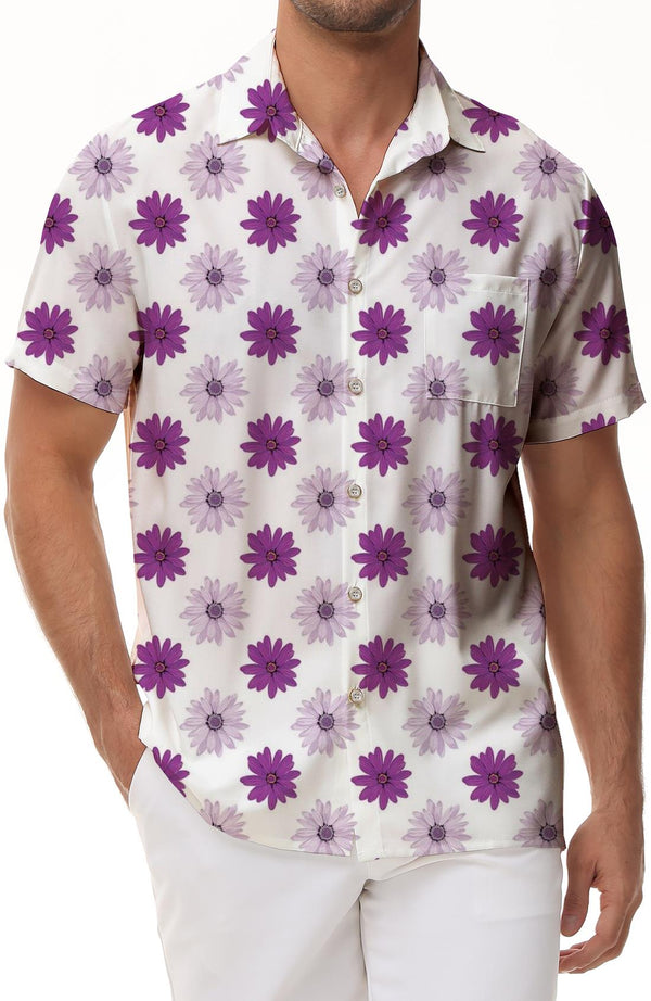 Purple daisy pattern fashion retro Hawaiian vacation beach button-down lapel short sleeve regular style summer men's short sleeve