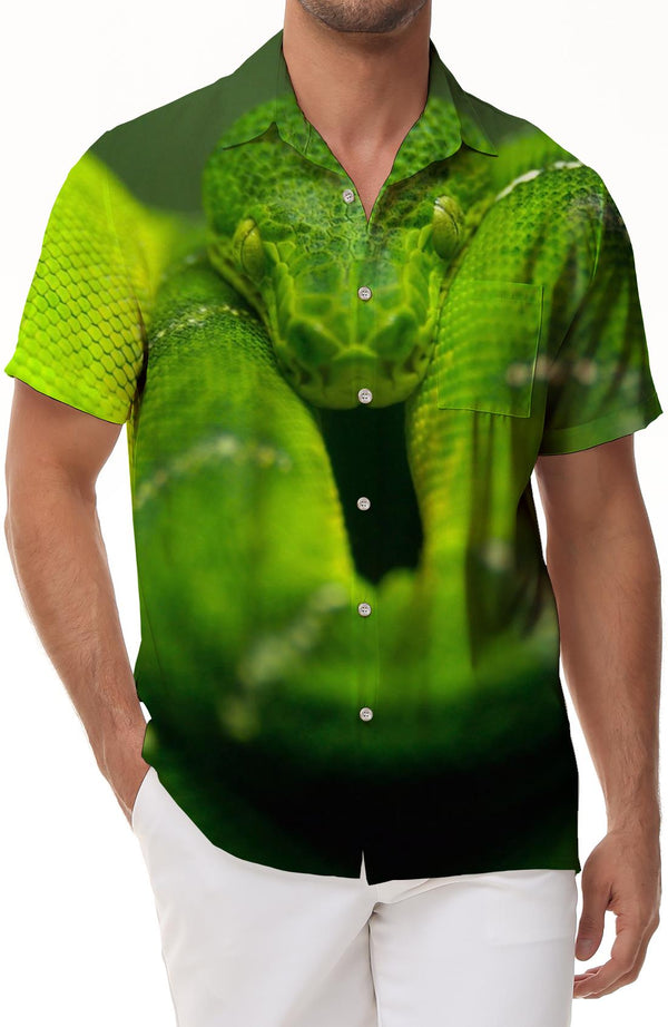 Green snake fashion animal 3D digital printing men's casual loose creative personality leisure Hawaiian button loose short sleeve lining trendy street style short sleeve