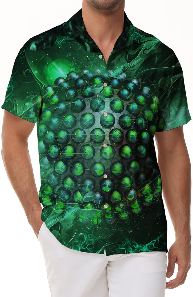 Green geometric circular virus men's casual daily shirt short sleeve Hawaiian pocket lapel short sleeve shirt fashion