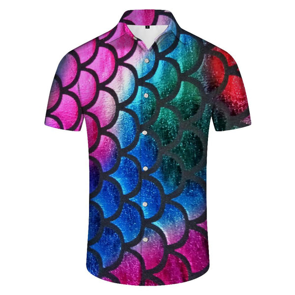 
Colorful fish scale fashion men's casual loose short sleeve cool fun tropical Hawaiian lapel button shirt
                