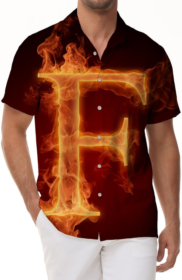 F flame English letter men's casual loose short-sleeved Hawaiian button lapel pocket short-sleeved shirt daily clothing short-sleeved shirt