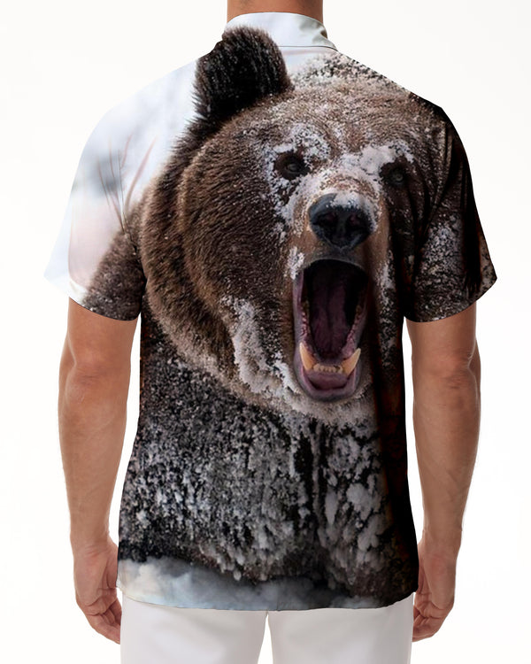 
Casual fun pattern print short sleeve loose men's snow roar brown bear Hawaiian button lapel shirt hip hop
                