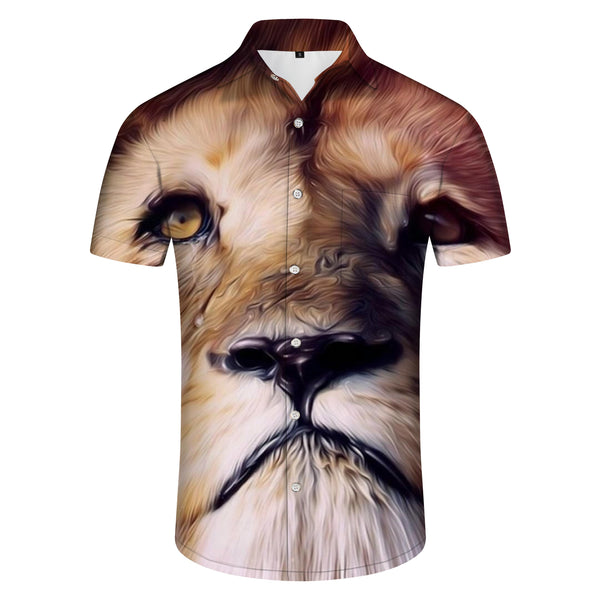 
Fluffy Cute Lion Print Button Shirt Men's Casual Short Sleeve Hawaiian Beach Shirt Tops
                